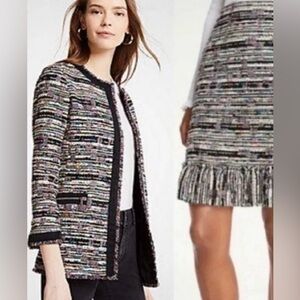 NWOT Ann Taylor Multicolored Tweed Fringe Full Zip Jacket & Skirt Suit Sz XS/2